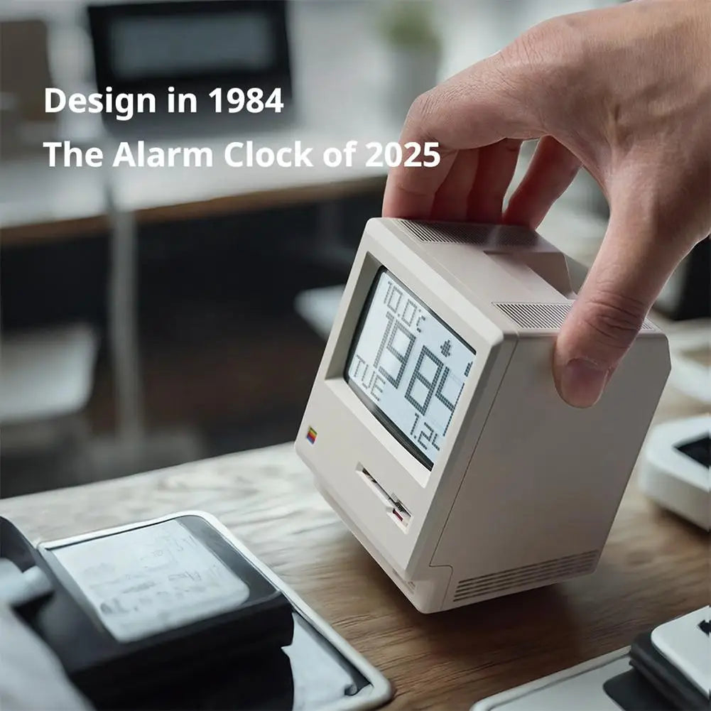 Retro Macintosh Shaped LCD Electronic Alarm Clock with Backlight Desktop Calendar Digital Thermometer Clock Snooze Table Clock