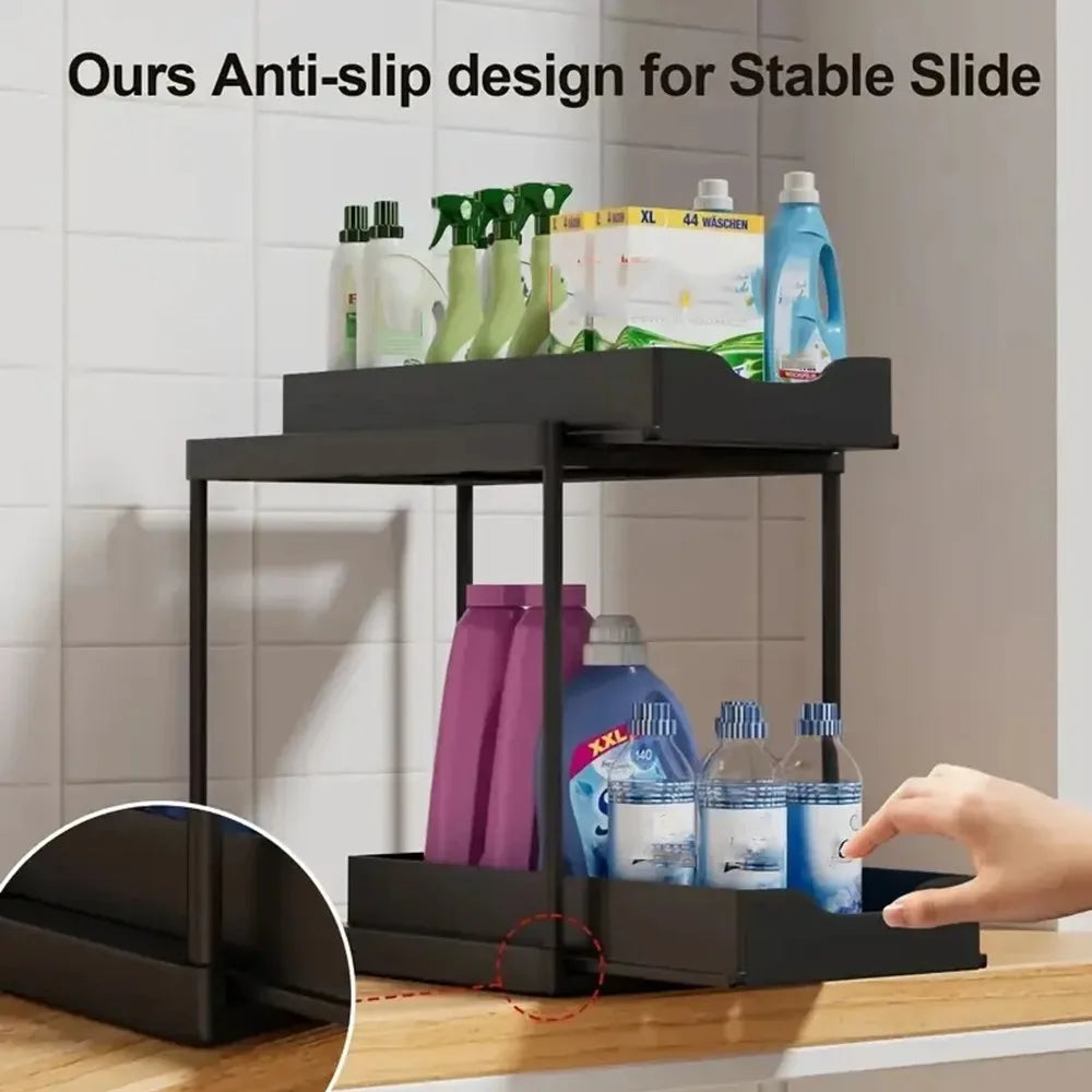 New 2 Tier Under Sink Organizer, Pull Out Sliding Rack, Multi-Function Shelf for Kitchen Bathroom,Space Saving Cabinet Organizer