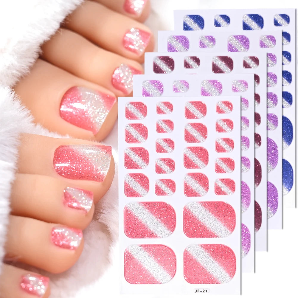 5Sheets/110Tips Summer Glitter Toe Nail Stickers Full Cover Nail Wraps Solid Color Adhesive Toenails Decals for Women DIY Foot &