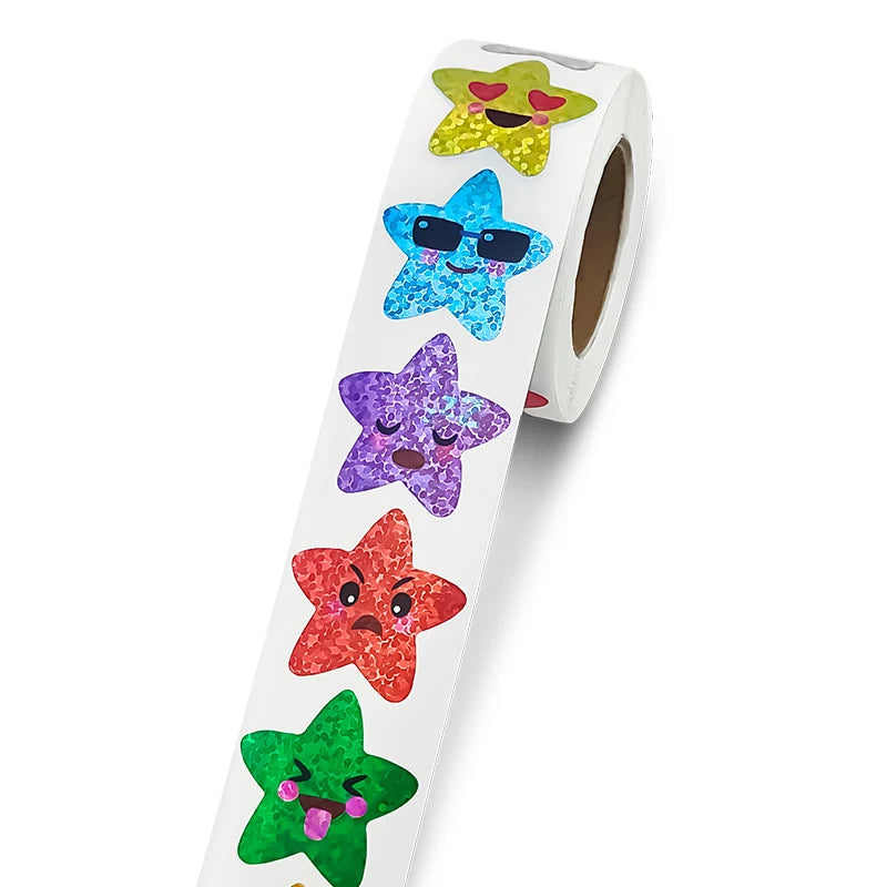 500/1000pcs Colorful Star Adhesive Holographic Star Stickers Zoo Farm Scrapbook Sticker Roll Labels  For Kids DIY Gift Toys