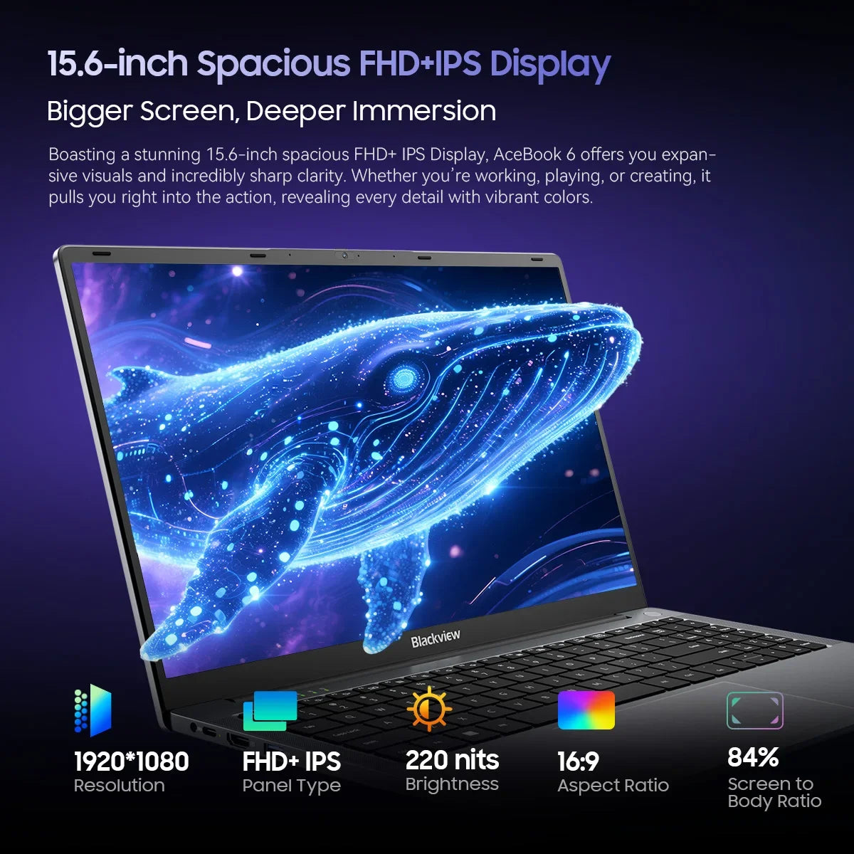 Blackview AceBook 6  Intel Twin Lake N150 15.6 Inch Laptop 16GB DDR4 512GB SSD Windows 11 Home 36Wh Battery