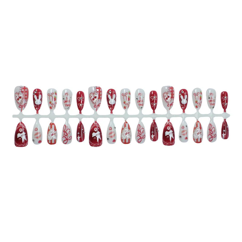 24PCS Medium Almond Press On Nails Wine Red Cute Cartoon Rabbit Bowknot Plaid Pearl False Nails Kawaii Nails Full Cover Wearable