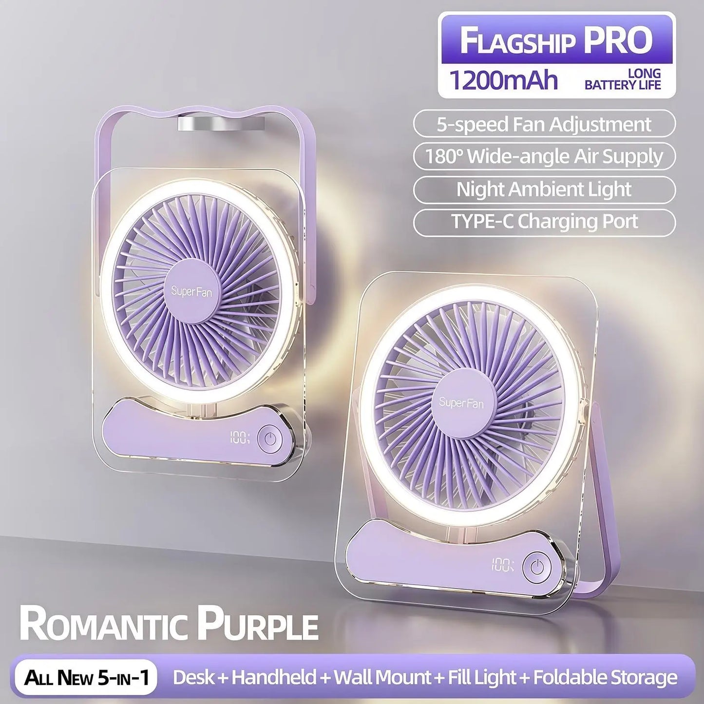 Travel Fan For Sleeping Long Lasting 5 Speeds Foldable LED Lights Device Portable Fan USB Rechargeable For Home Office Bedroom