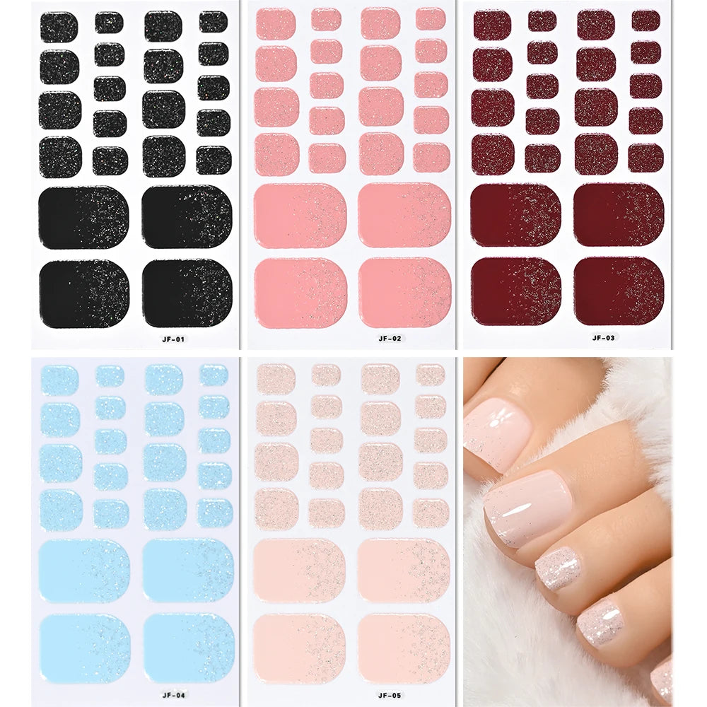 5Sheets/110Tips Summer Glitter Toe Nail Stickers Full Cover Nail Wraps Solid Color Adhesive Toenails Decals for Women DIY Foot &