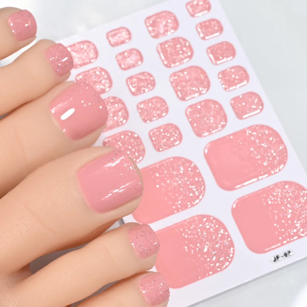 5Sheets/110Tips Summer Glitter Toe Nail Stickers Full Cover Nail Wraps Solid Color Adhesive Toenails Decals for Women DIY Foot &