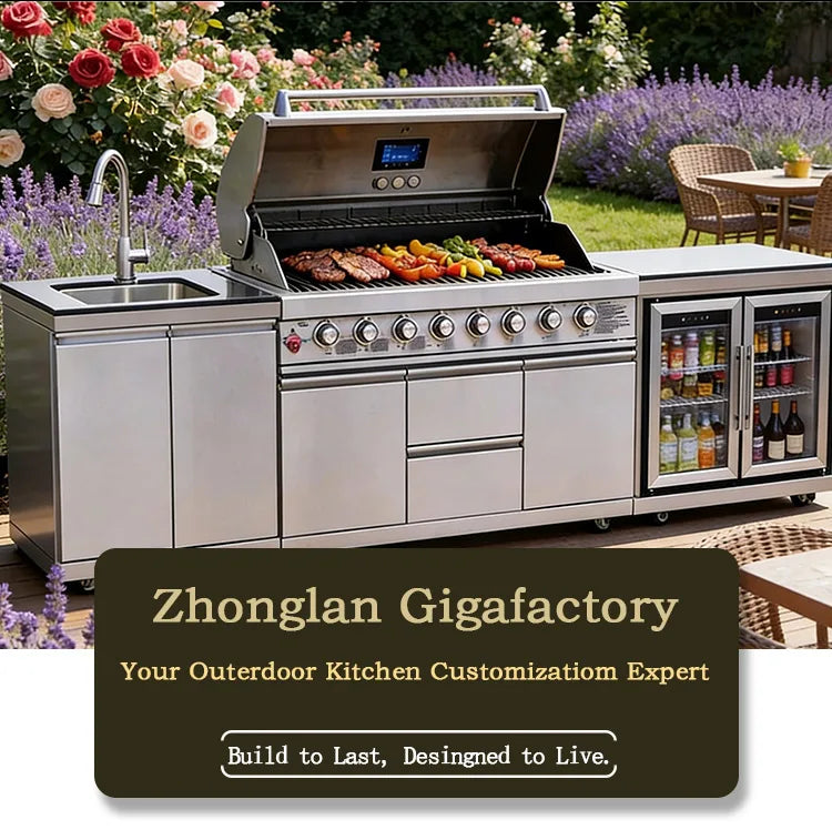 Stainless Steel Outdoor Kitchen With BBQ And Fridge With Grill Cooktop Sink Fridge Rolling Movable On Wheels For Backyard Patio