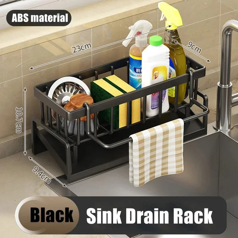 No-Punch ABS Kitchen Sink Shelf with Hooks Multifunctional Faucet Drainage Rack Adhesive Tap Organizer for Spice & Rag Storage ﻿
