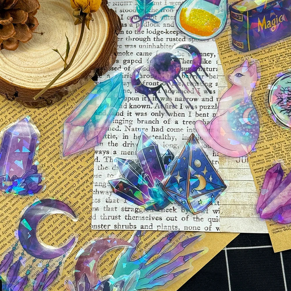50Pcs Transparent PET Magic Witch Sparkling Film Sticker Pack Waterproof Transparent PET Hand Account Decor Guitar Notebook