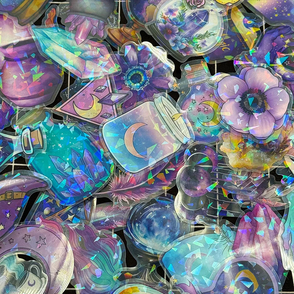 50Pcs Transparent PET Magic Witch Sparkling Film Sticker Pack Waterproof Transparent PET Hand Account Decor Guitar Notebook