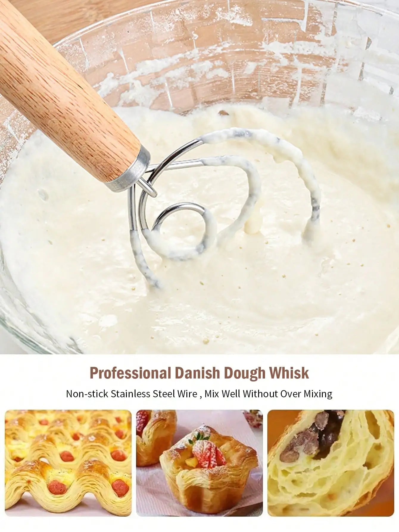 Danish Dough Whisk Stainless Steel Bread Mixer Wooden Handle Hand Blender Egg Beater DIY Baking Tools for Cake Pizza Pas