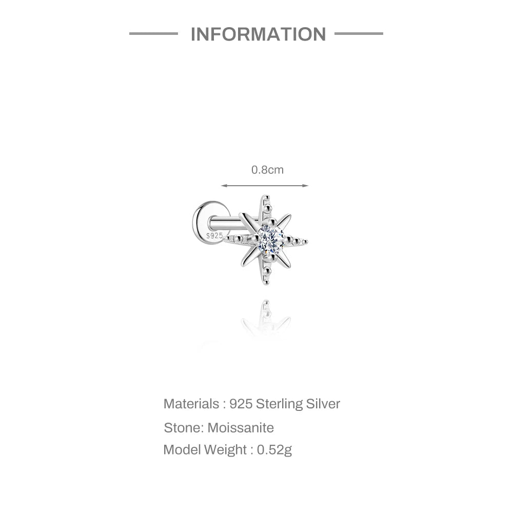 CANNER 1PC Moissanite Spherical Vertical Eight-pointed Star Piercing Earrings 925 Sterling Silver Jewelry Valentine's Day Gift
