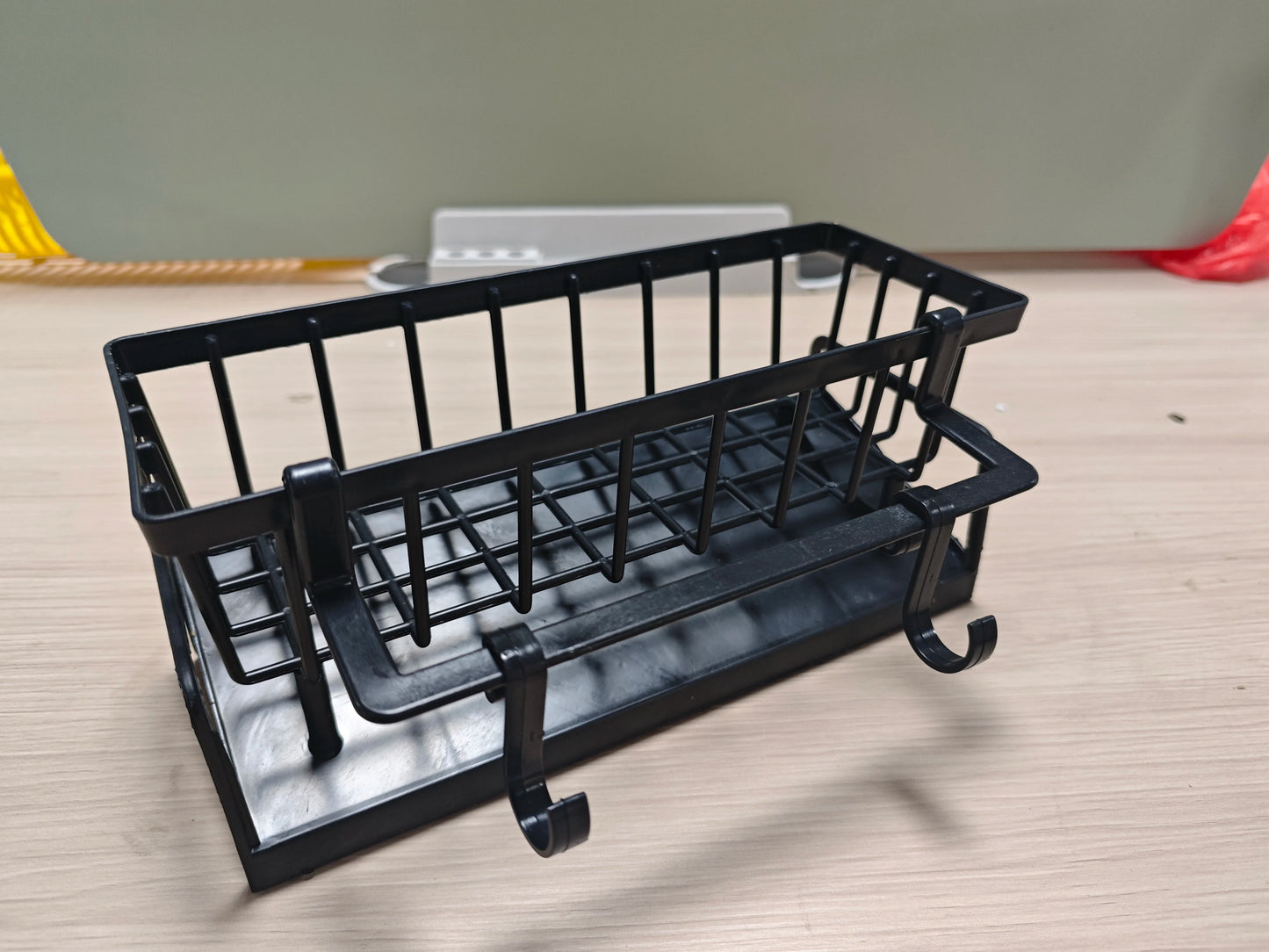 No-Punch ABS Kitchen Sink Shelf with Hooks Multifunctional Faucet Drainage Rack Adhesive Tap Organizer for Spice & Rag Storage ﻿