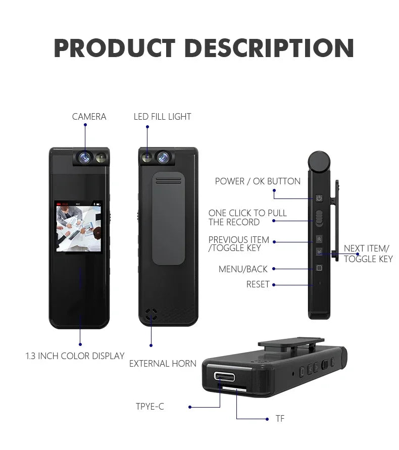Mini Camera 1080P 2K HD Body Cam Portable Small Digital Video Recorder Police Night Vision Miniature Camcorder 1.3 Inch Bodycam