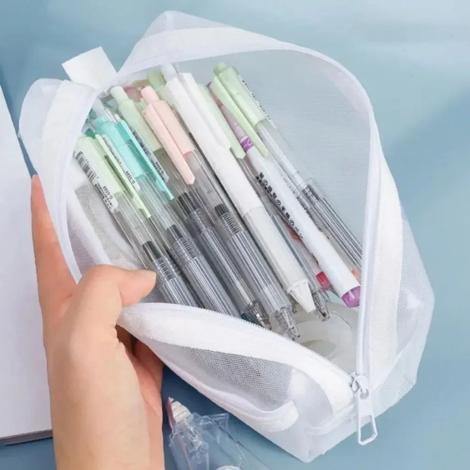 Double Layer Mesh Pen Bag Large Capacity Transparent Stationery Storage Bag Multifunctional Zipper Exam Supplies Organizer