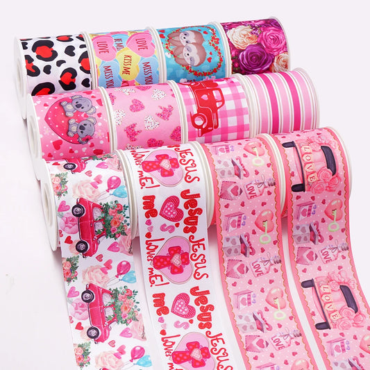 5 Yards 3inch 75mm of  Valentine's Day flowers  Printed Ribbon For Hair Bows DIY Crafts Handmade Accessories 76711