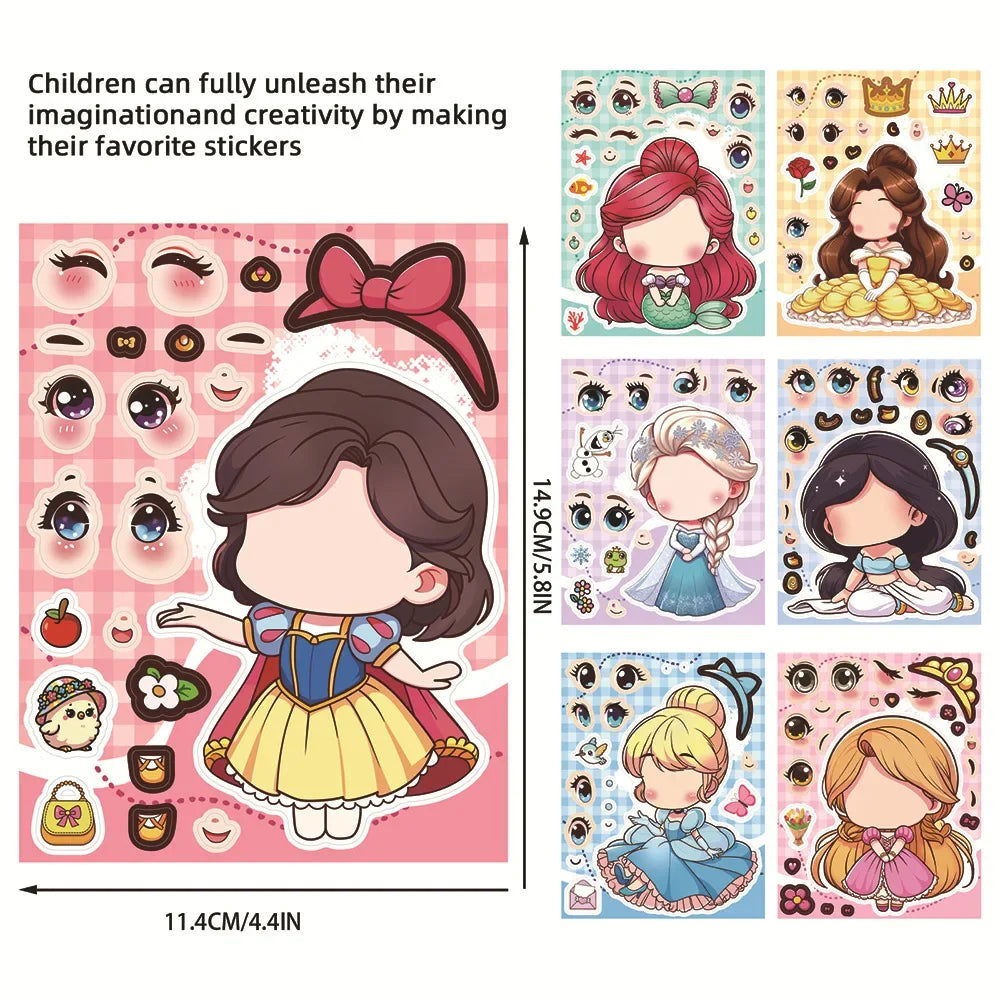 8Sheets Cute Princess Puzzle Stickers Make A Face DIY Anime Assemble Jigsaw Decals Birthday Party Decoration