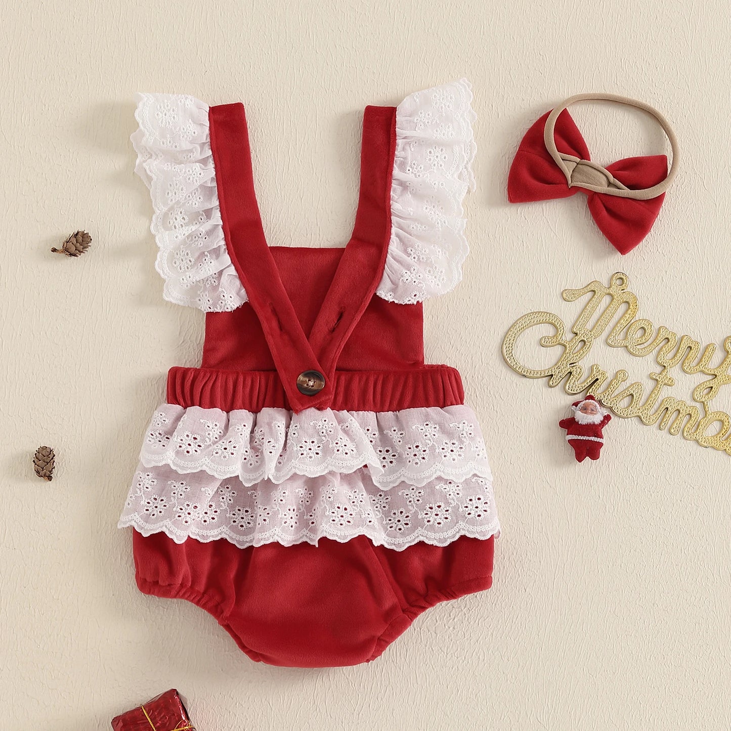 Adorable Christmas-themed Baby Girl Romper with Headpiece - Triangular Design Infant Clothing Set