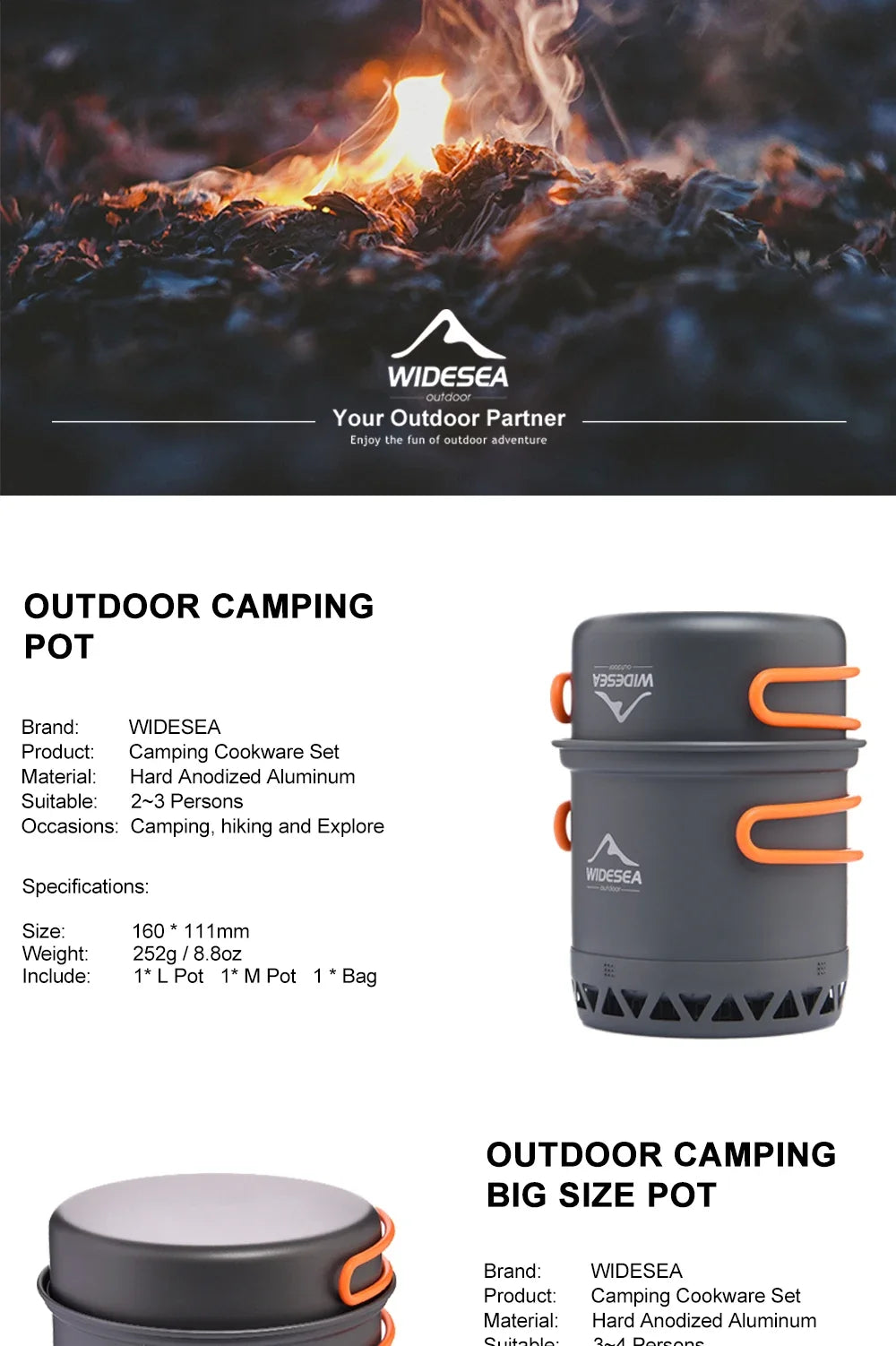 Outdoor Camping Pot 1.3L 2.3L Cookware Outdoor Cooking Kettle Set Heat Cooker Travel Tableware Tourist Kitchen Utensil Equipment