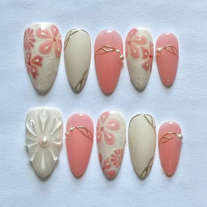 24PCS Medium Almond Press On Nails Wine Red Cute Cartoon Rabbit Bowknot Plaid Pearl False Nails Kawaii Nails Full Cover Wearable