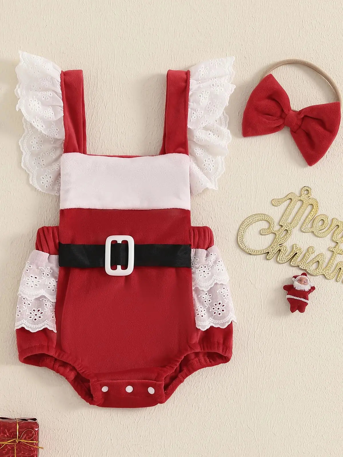Adorable Christmas-themed Baby Girl Romper with Headpiece - Triangular Design Infant Clothing Set