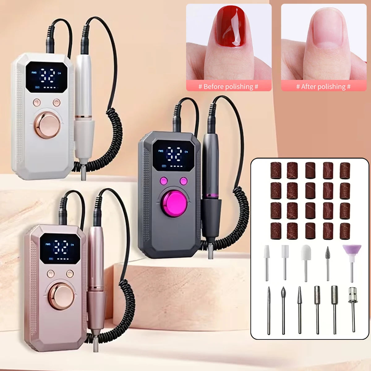 1 Set of Manicure and Pedicure Polishing and Shaping Tools, Electric Nail Grinder Set with USB Rechargeable Battery - 32 Adjusta