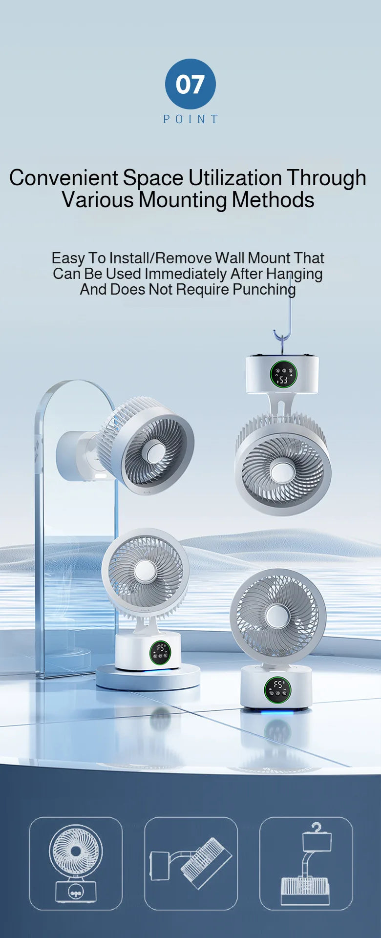 Portable Wall-Hanging Fan With Remote Control Smart Voice Rechargeable USB Household Electric Folding Fan Nightlight Air Cooler