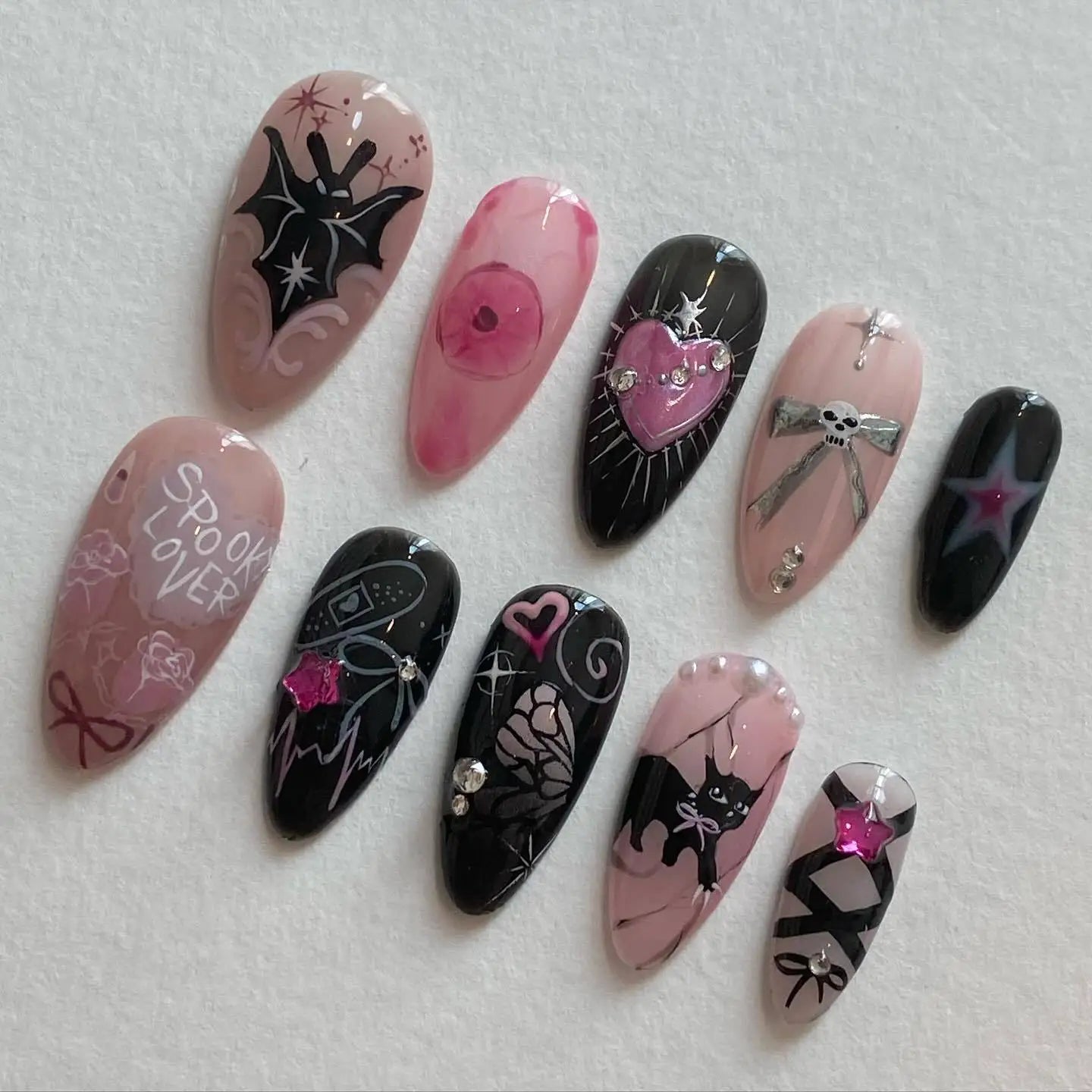 24PCS Medium Almond Press On Nails Wine Red Cute Cartoon Rabbit Bowknot Plaid Pearl False Nails Kawaii Nails Full Cover Wearable