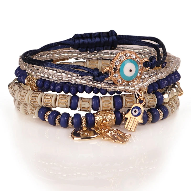 6Pcs/set Bohemian Evil Eye Bracelet Set For Women Fatima Hand Heart Charm Beaded Rope Chain Bangle Female Jewelry Gift