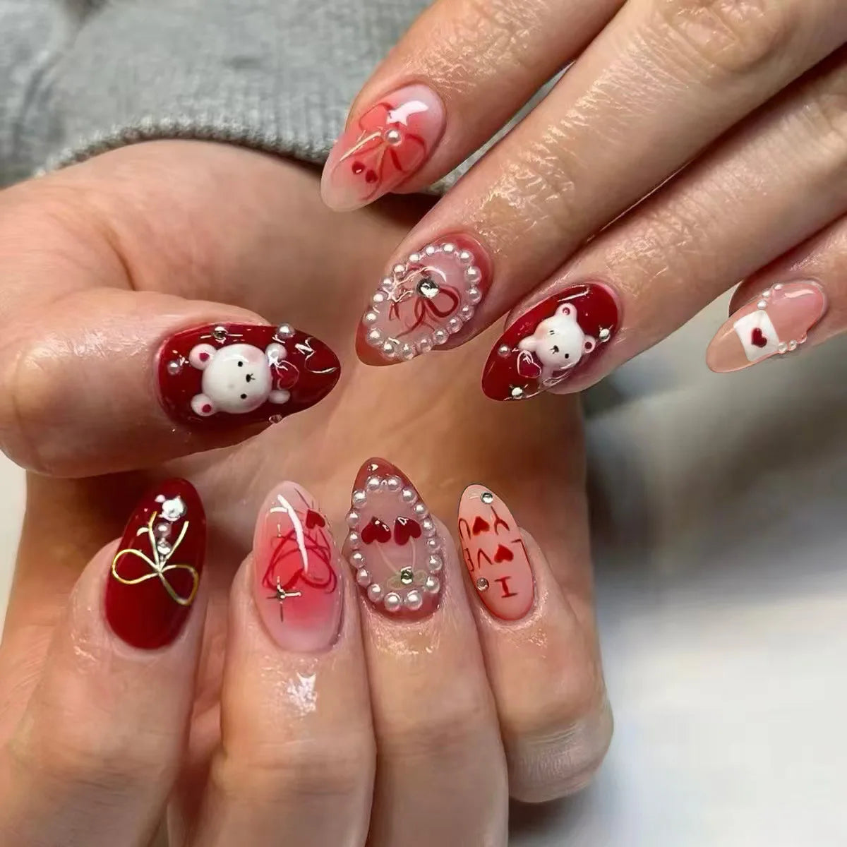 24PCS Medium Almond Press On Nails Wine Red Cute Cartoon Rabbit Bowknot Plaid Pearl False Nails Kawaii Nails Full Cover Wearable