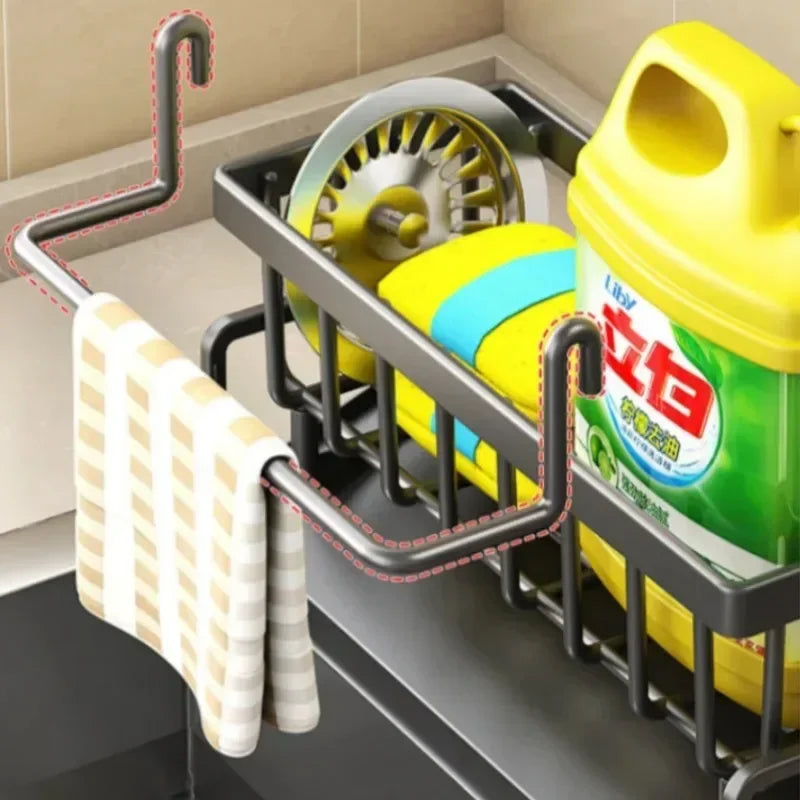 No-Punch ABS Kitchen Sink Shelf with Hooks Multifunctional Faucet Drainage Rack Adhesive Tap Organizer for Spice & Rag Storage ﻿