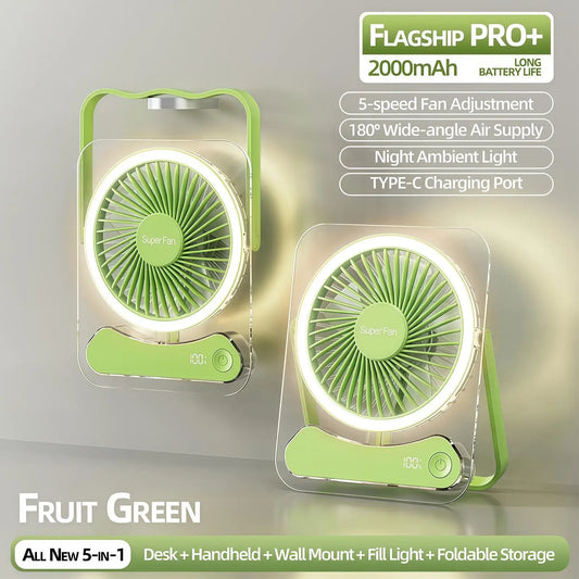 Travel Fan For Sleeping Long Lasting 5 Speeds Foldable LED Lights Device Portable Fan USB Rechargeable For Home Office Bedroom