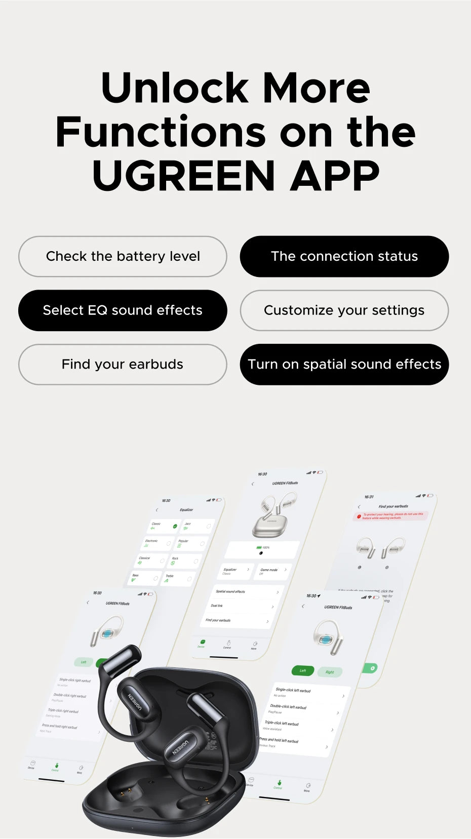 UGREEN FitBuds Open-Ear Headphones Earphones, Ear-hook TWS True-Wireless Bluetooth 6.0 Wireless Earbuds, Spatial Audio, 30H play