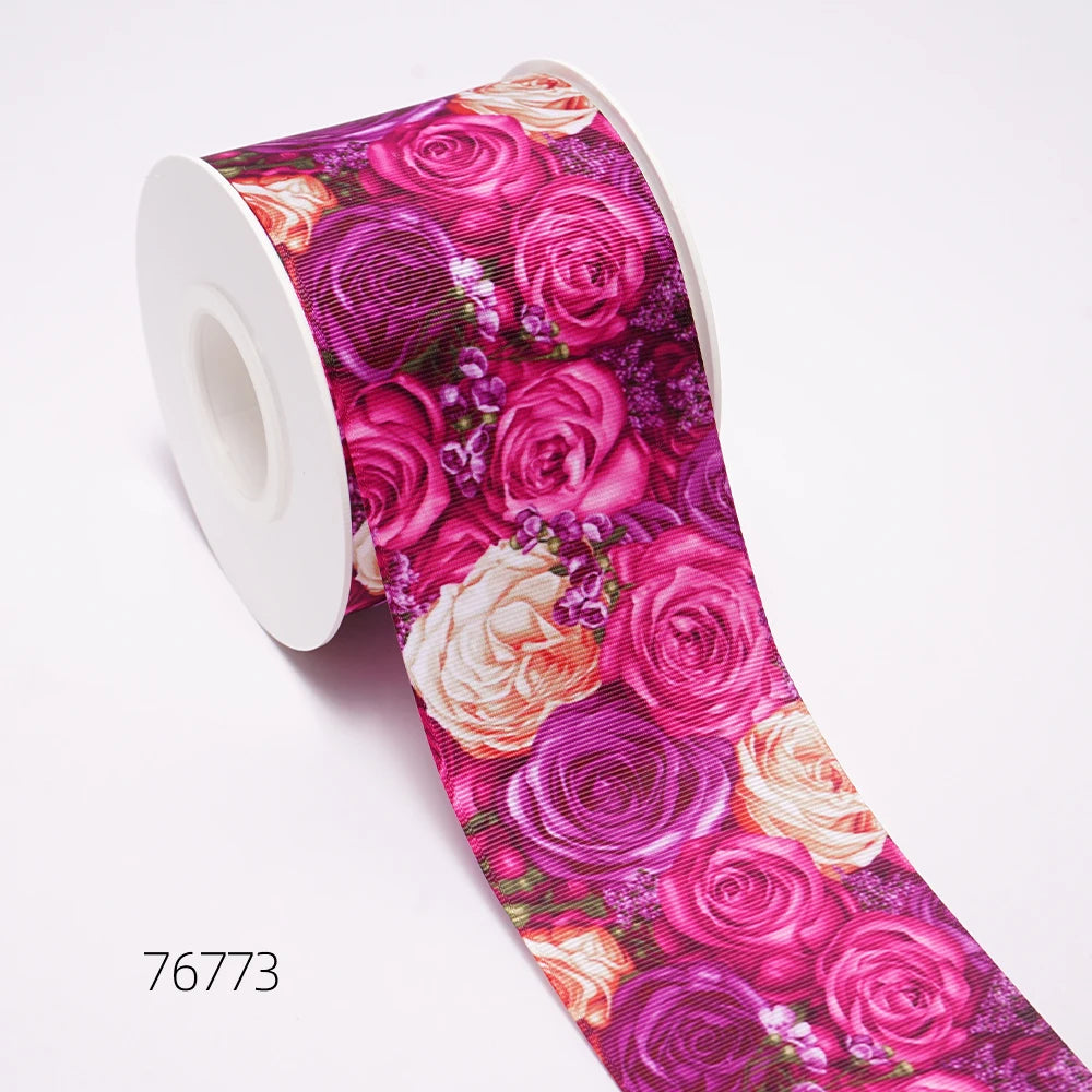 5 Yards 3inch 75mm of  Valentine's Day flowers  Printed Ribbon For Hair Bows DIY Crafts Handmade Accessories 76711