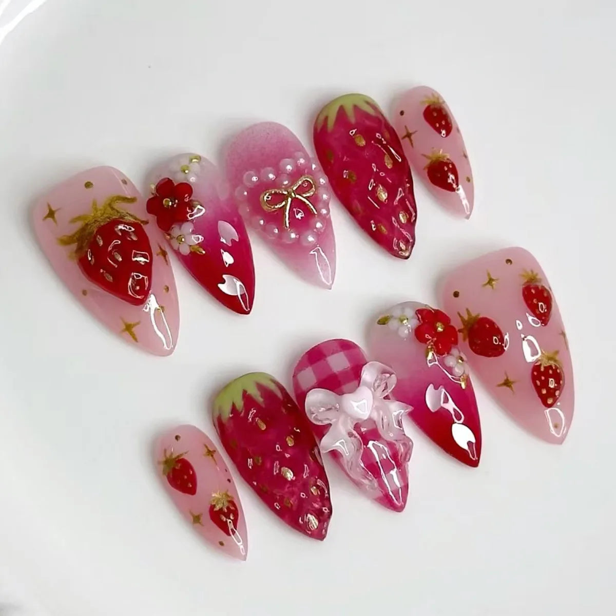 24PCS Medium Almond Press On Nails Wine Red Cute Cartoon Rabbit Bowknot Plaid Pearl False Nails Kawaii Nails Full Cover Wearable