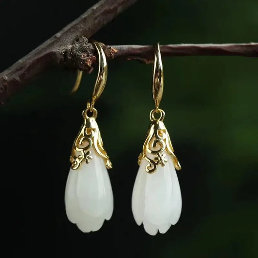 White Jade Magnolia Earrings Gemstone Zircon Natural Women Crystal Charm Chalcedony Gifts Amulet Lucky Jewelry Fashion