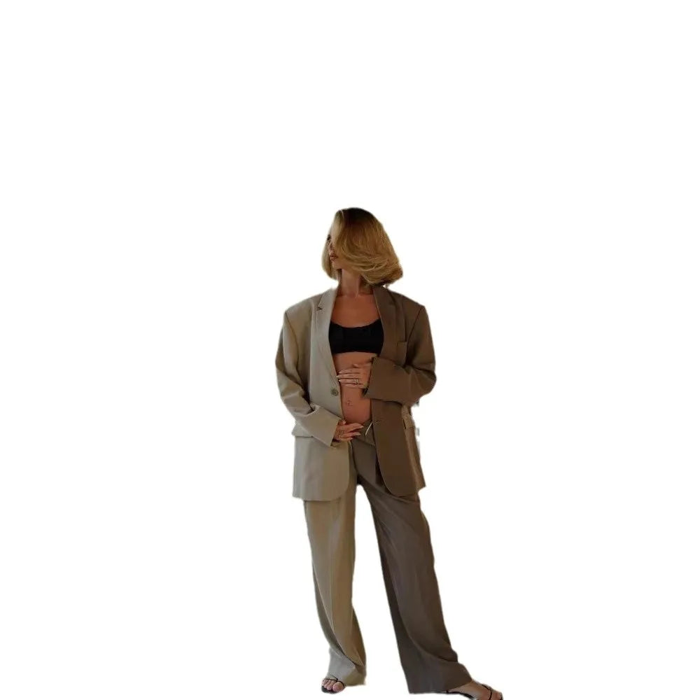 Women's Autumn Winter Color Blocked Loose Two Piece Set Casual Single Breasted Long Sleeved Lapel Coat+Straight Pants Suit Women