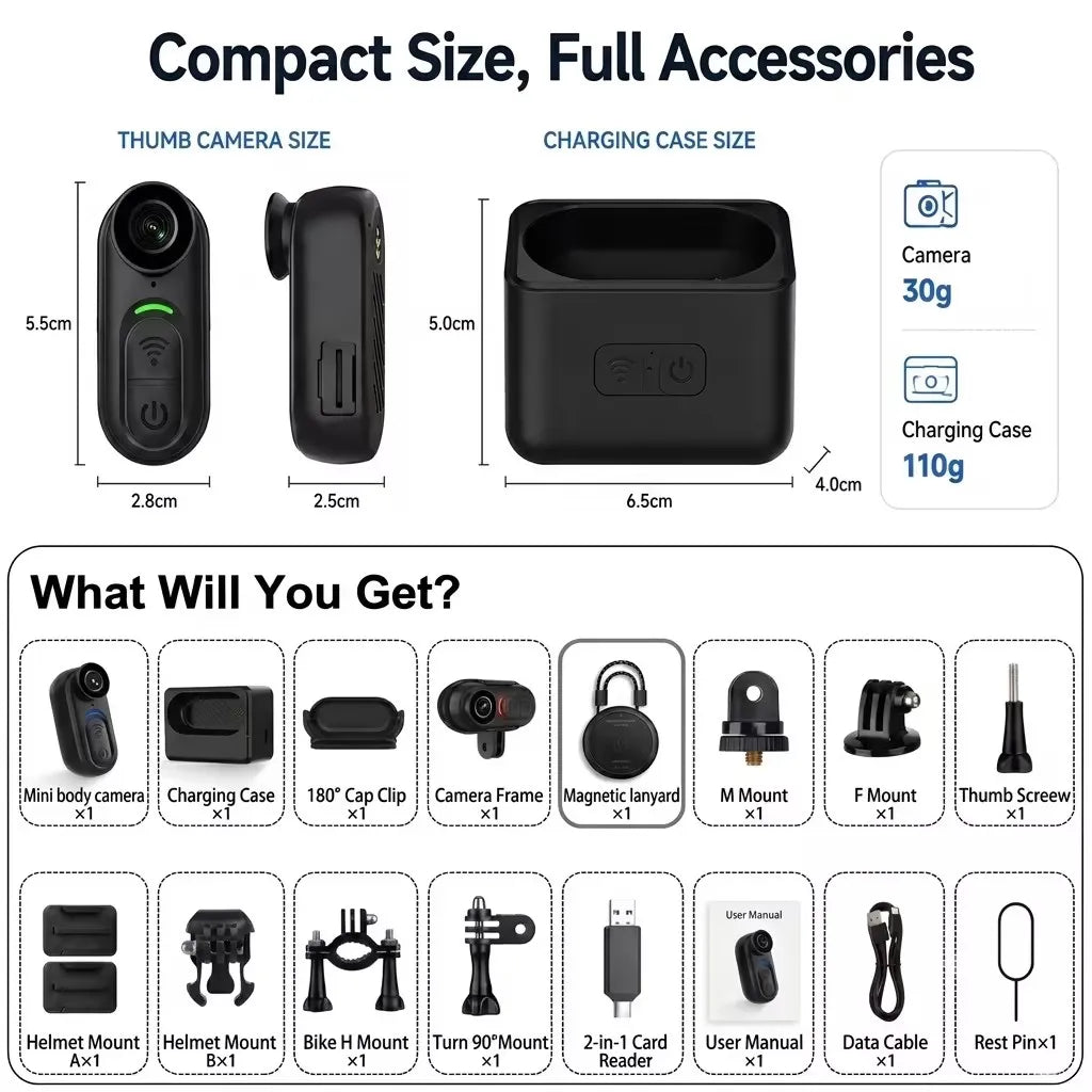 Compact Waterproof 4K Mini Body Camera 6-Axis Stabilized Thumb Cam for Outdoor Sports & Travel Recording