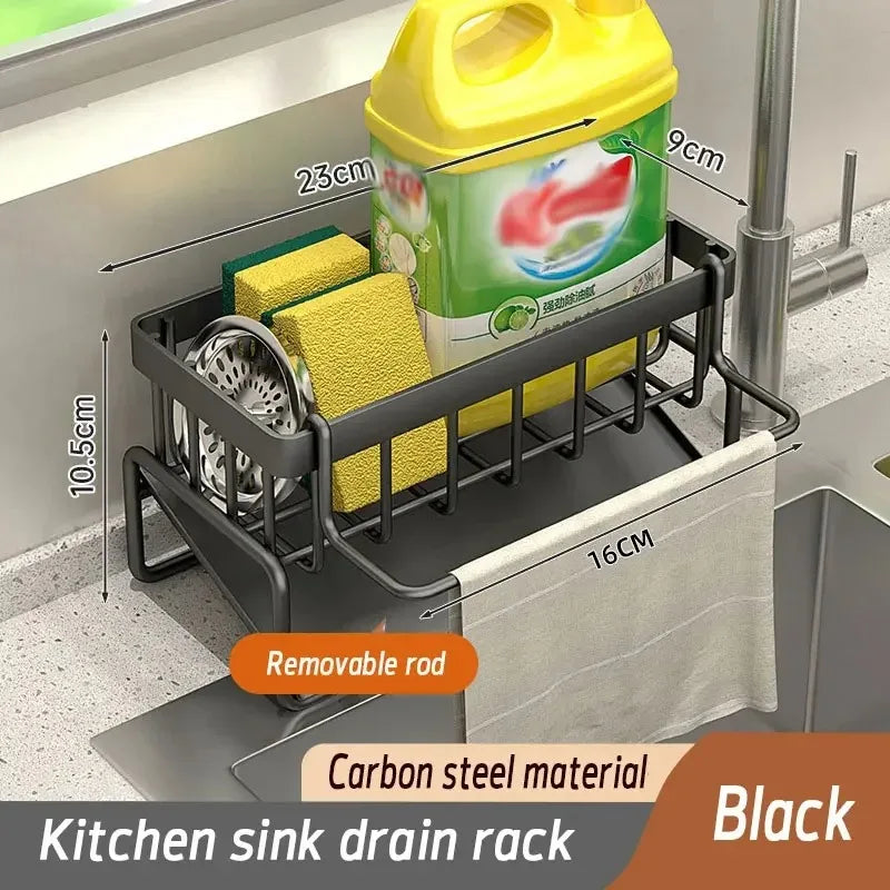 No-Punch ABS Kitchen Sink Shelf with Hooks Multifunctional Faucet Drainage Rack Adhesive Tap Organizer for Spice & Rag Storage ﻿
