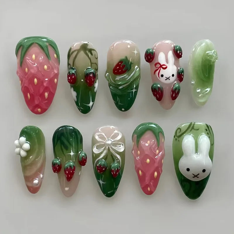 24PCS Medium Almond Press On Nails Wine Red Cute Cartoon Rabbit Bowknot Plaid Pearl False Nails Kawaii Nails Full Cover Wearable