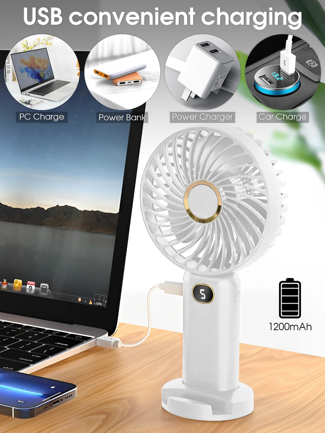 Portable Handheld Fan USB Rechargeable Mini Fan Digital Display 5-Speed Adjustment Suitable For Travel Outdoor Office Home