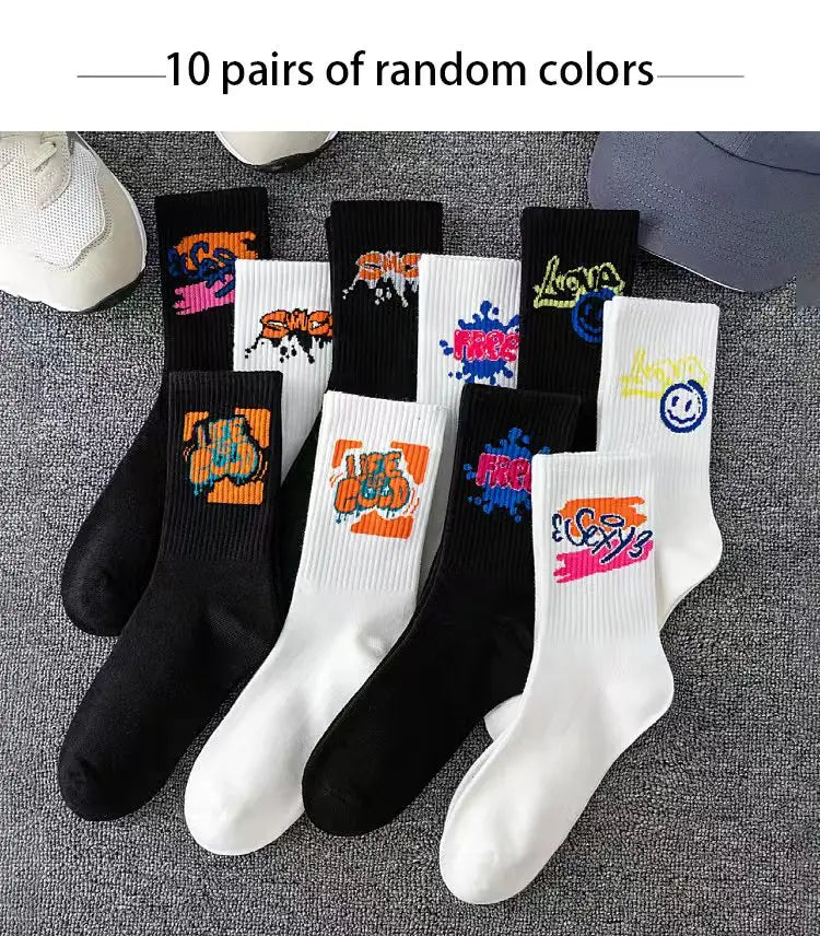 Couple long socks, sports cotton socks, ins student basketball socks, breathable and odor-resistant, black and white men's mid-c