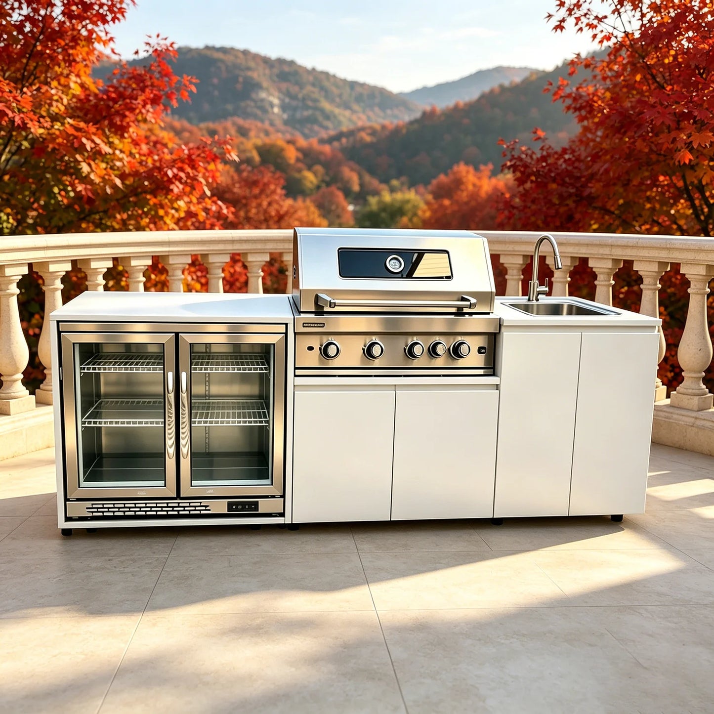 Stainless Steel Outdoor Kitchen With BBQ And Fridge With Grill Cooktop Sink Fridge Rolling Movable On Wheels For Backyard Patio
