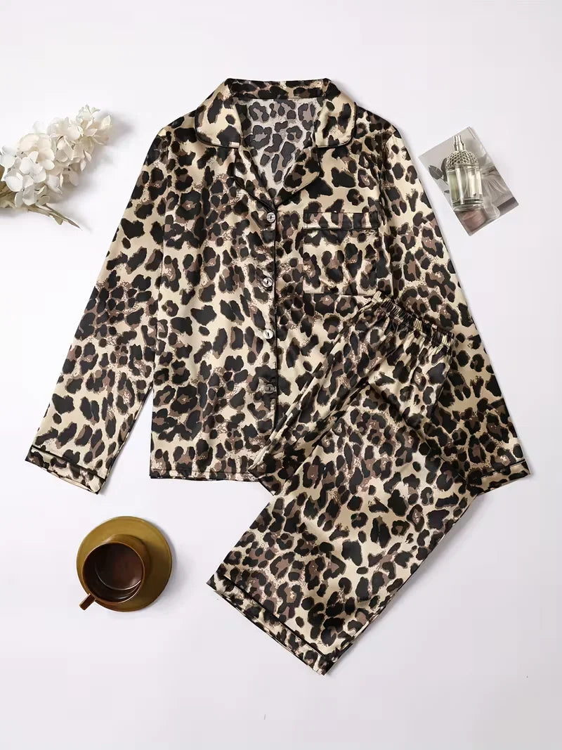 Autumn Winter Silk Satin Leopard Print Pajamas Set for Women Sleepwear Loose Casual Long Sleeve T-shirt and Trouser Suits