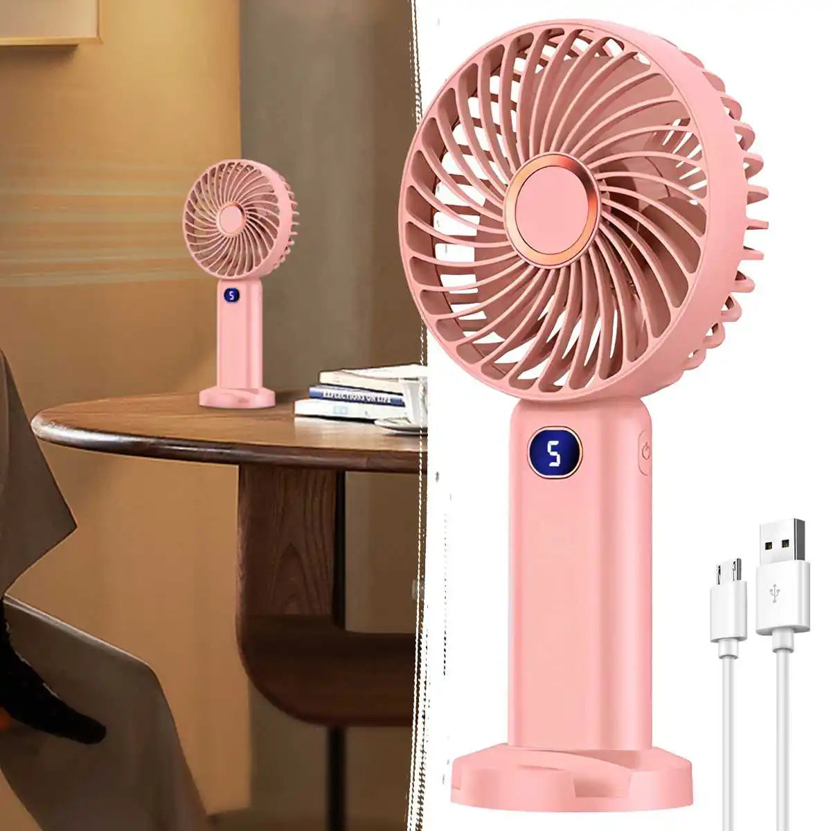 Portable Handheld Fan USB Rechargeable Mini Fan Digital Display 5-Speed Adjustment Suitable For Travel Outdoor Office Home