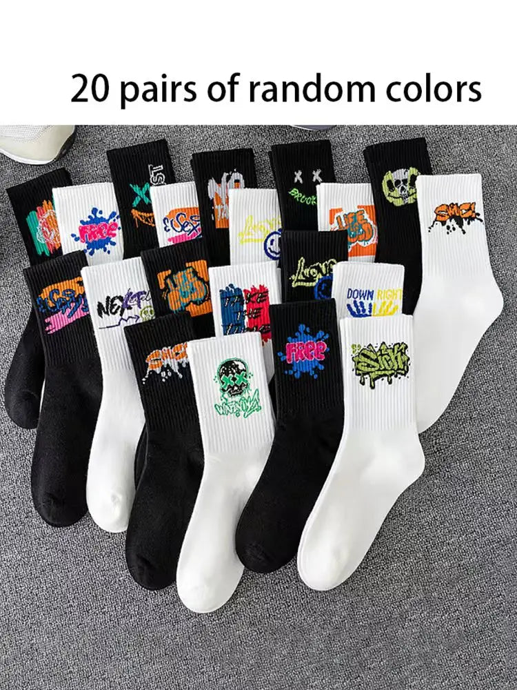 Couple long socks, sports cotton socks, ins student basketball socks, breathable and odor-resistant, black and white men's mid-c