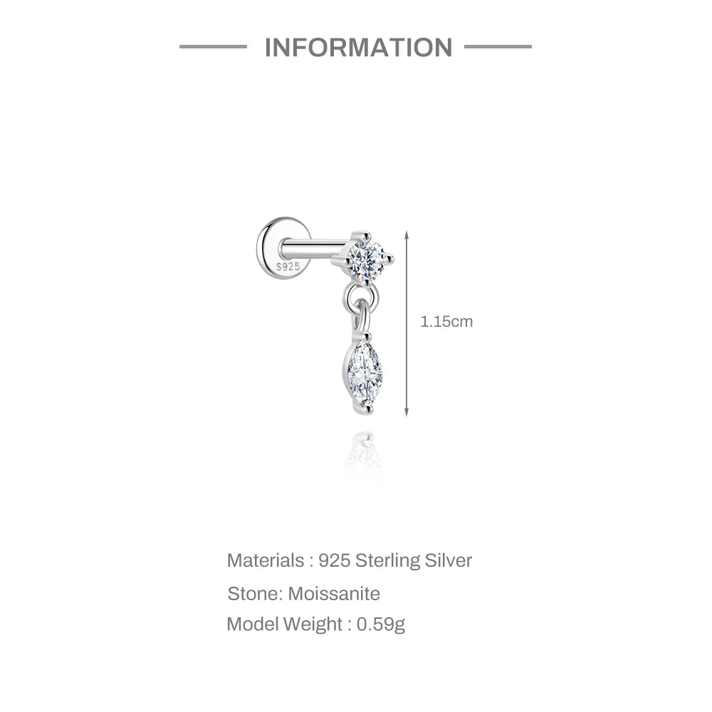 CANNER 1PC Moissanite Spherical Vertical Eight-pointed Star Piercing Earrings 925 Sterling Silver Jewelry Valentine's Day Gift