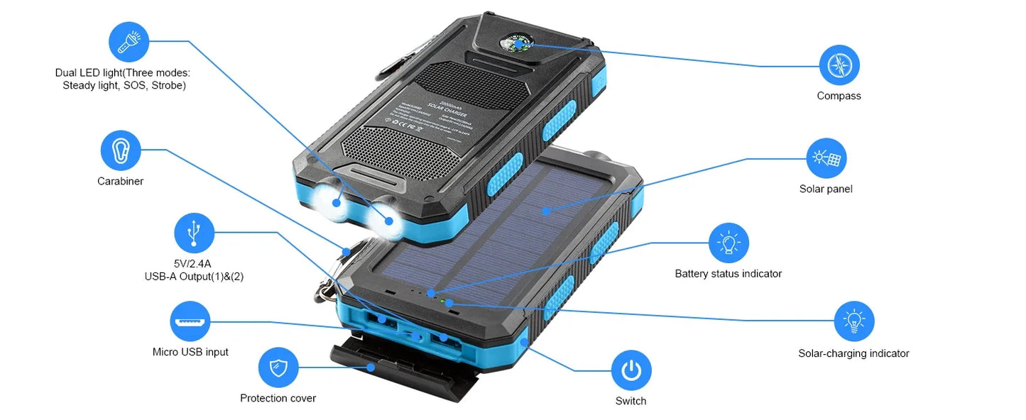 Solar power bank 50000mAh with built-in cable, lightweight and large capacity universal mobile power supply for mobile phones