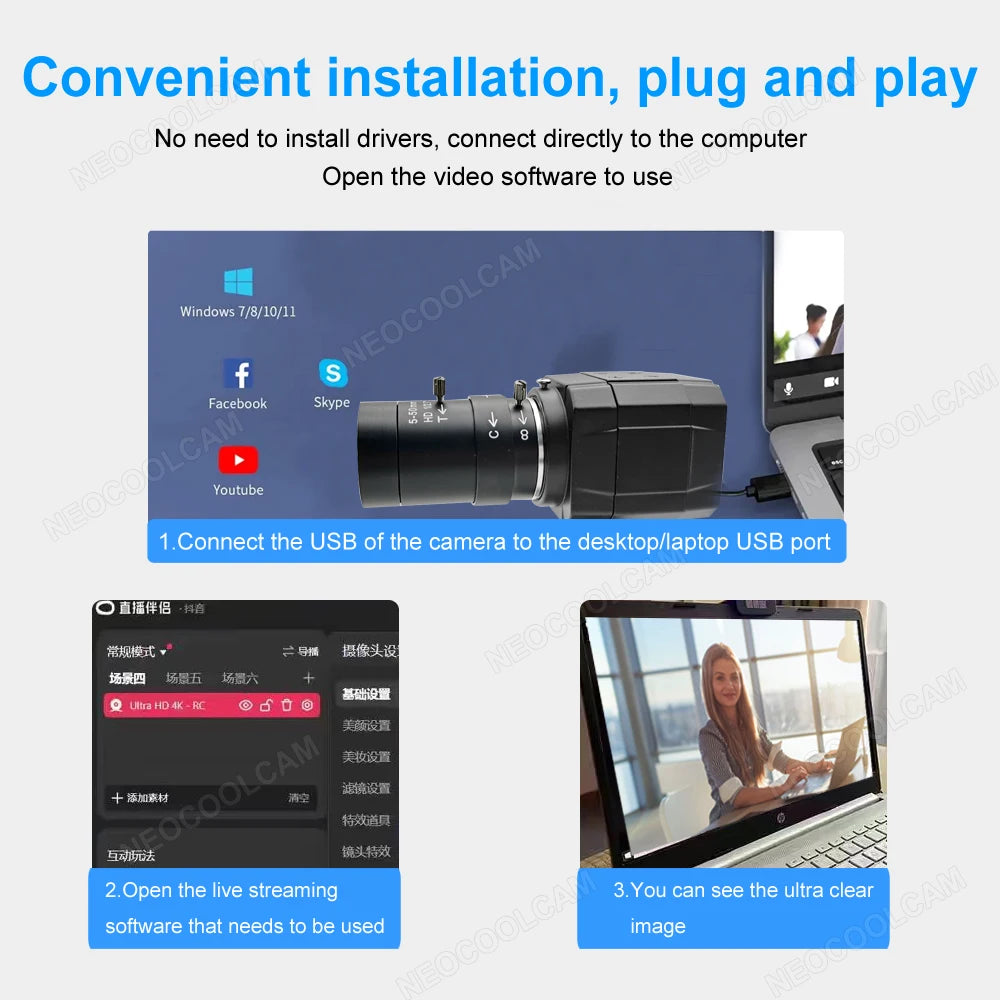 Full HD 4K 8MP 30fps USB Mini Metal Box Webcam UVC OTG PC 2K 4MP 5-50mm Varifocal Lens Usb Video Camera For Live Teaching
