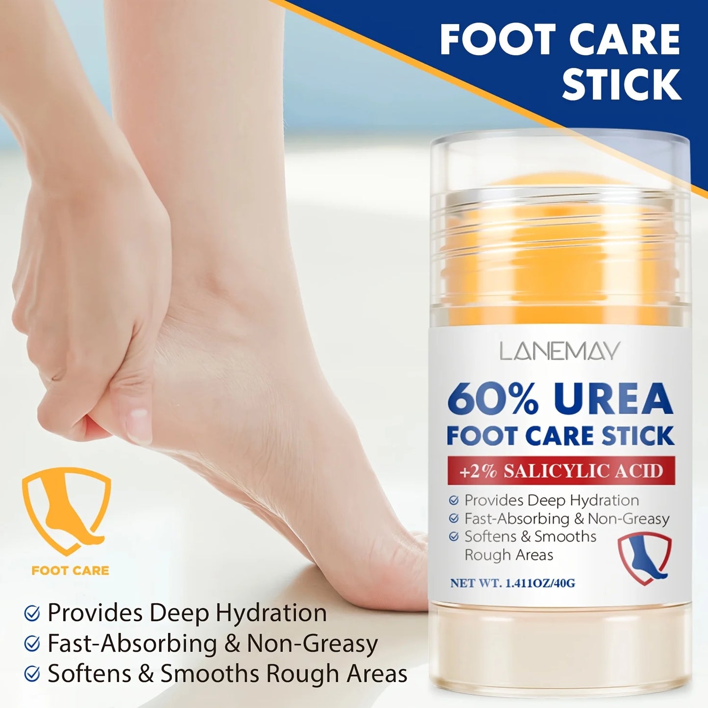 60% Urea Foot Care Stick - Deep Hydration for Dry Cracked Heels,Salicylic Acid & Antioxidants for Rough Light Beige Removal