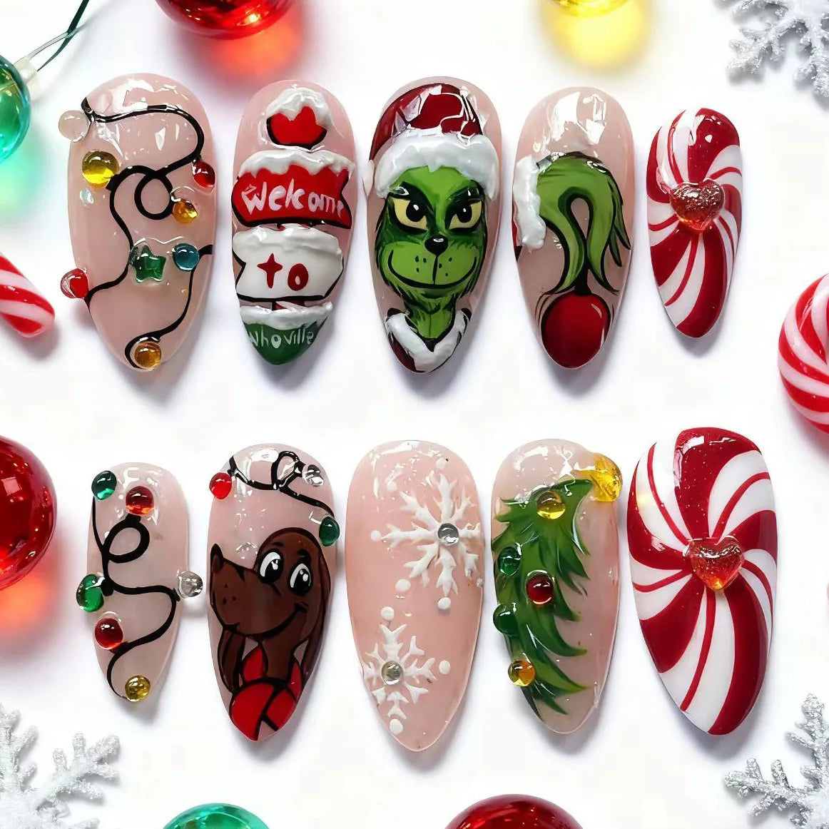 24PCS Medium Almond Press On Nails Wine Red Cute Cartoon Rabbit Bowknot Plaid Pearl False Nails Kawaii Nails Full Cover Wearable
